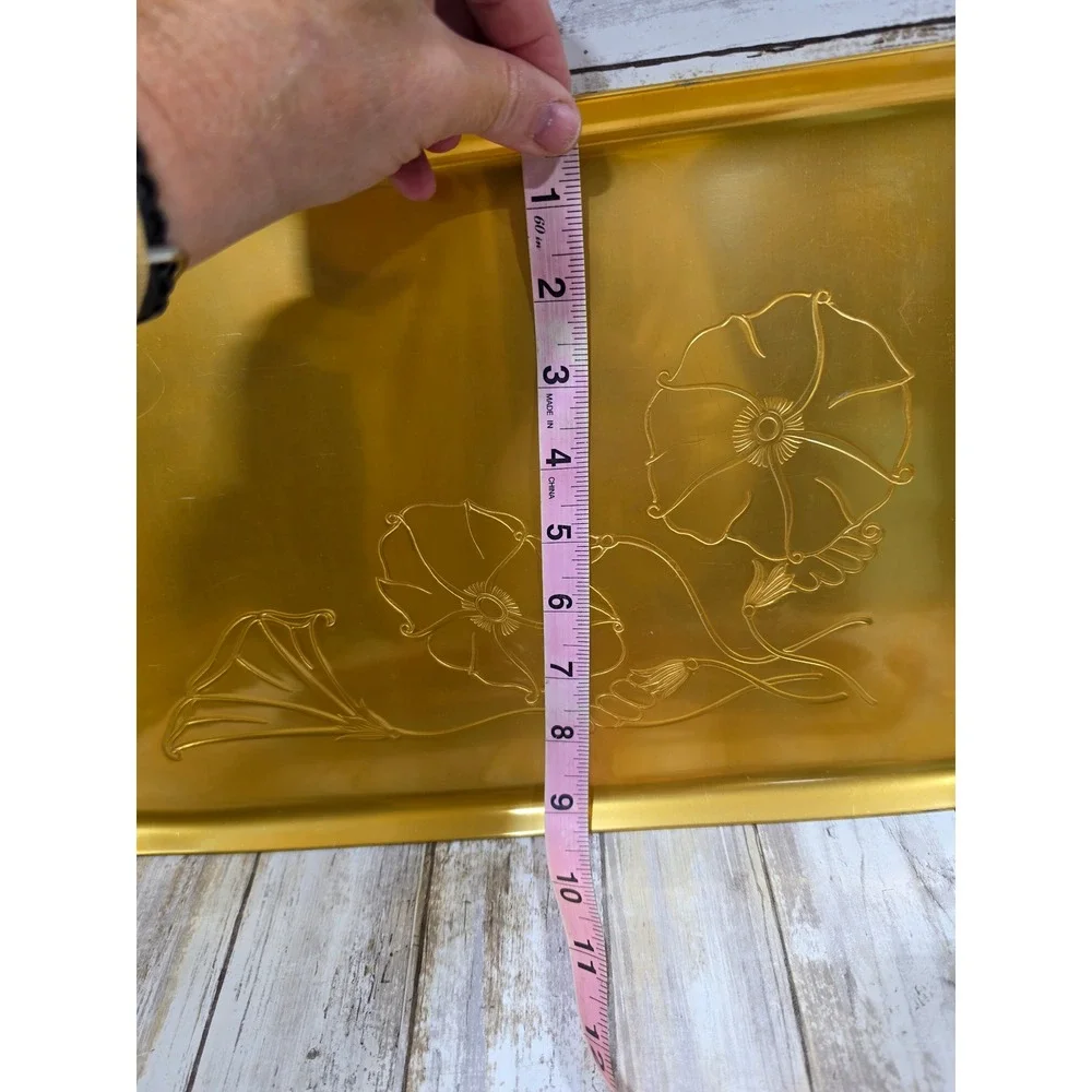 Vintage Neocraft Everlast Gold Etched Floral & Red Yellow Rose Metal Trays Set 2